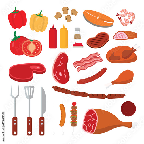 Barbecue Elements such as Paprika, Mushroom, Salmon Fillet, Shrimp, Tomato, Sauce, Pepper, Red Meat, Grilled Chicken, Sausage, Bacon, Barbeque Satay, Patty, Knife, Fork, and skewer.