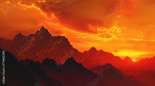 Sunset Mountain Silhouette with Fiery Sky AI Generated.