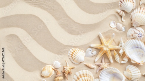 A top view of a sandy beach texture decorated with an assortment of seashells and a prominent starfish, reminiscent of a warm, sunny day by the sea, space for text © mashimara