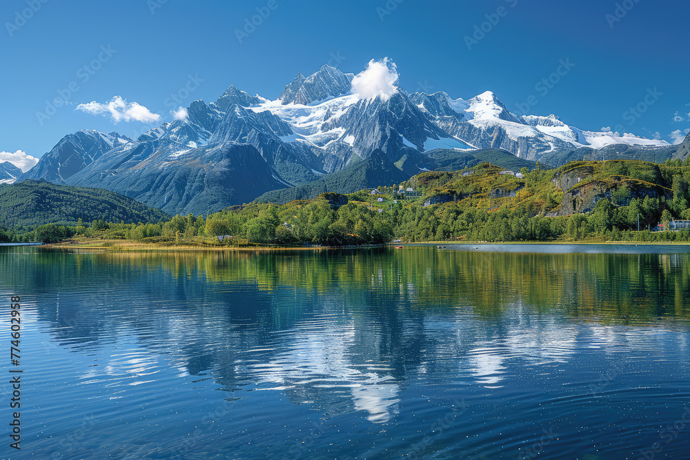 Beautiful lake with mountains. Created with Ai