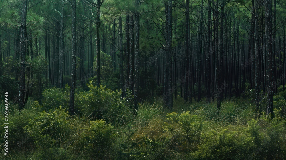 Obraz premium a vibrant pine forest and cypress trees with dark green foliage are showcased in this nature photography