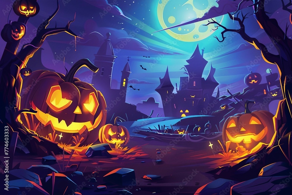 a halloween scene with pumpkins and a full moon