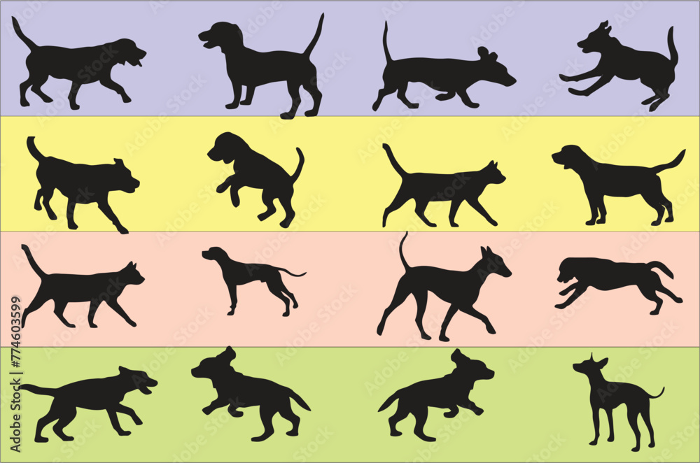 Dog icons  for different Breeds.Hunting hound dog silhouettes in editable vector. Foxhound and dogs in multiple poses and positions for designing online games, poster or flyer for media and web. 