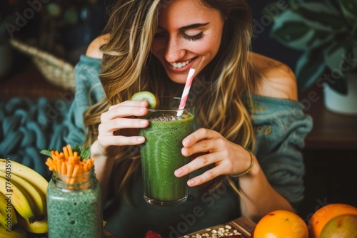 Cheerful Young Woman Enjoying a Healthy Green Smoothie at a Cozy Home Cafe Setting