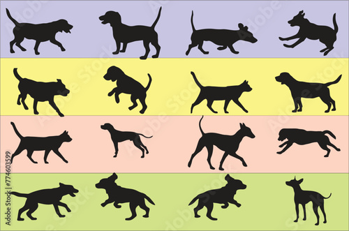 Dog icons for different Breeds.Hunting hound dog silhouettes in editable vector. Foxhound and dogs in multiple poses and positions for designing online games, poster or flyer for media and web. 
