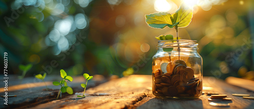 A glass jar filled with coins and a sprouting plant, symbolizing financial growth and prosperity on a wooden table photo