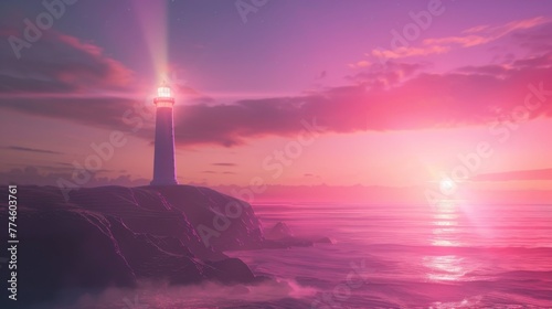 Coastal Lighthouse at Sunset with Pink and Purple Sky.