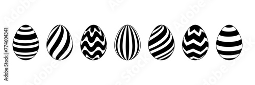 Set of variations Easter eggs with white black striped ornament isolated on white background. Vector illustration.