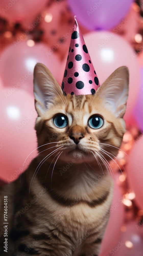 Bengal cat wearing a party hat. Funny cat in a cap celebrates birthday, on pink background. Looking straight to camera. Let's party. Happy birthday. Festive background with balloons Bengal cat wearing a party hat. Funny cat in a cap celebrates birthday, on pink background. Looking straight to camera. Let's party. Happy birthday. Festive background with balloons
