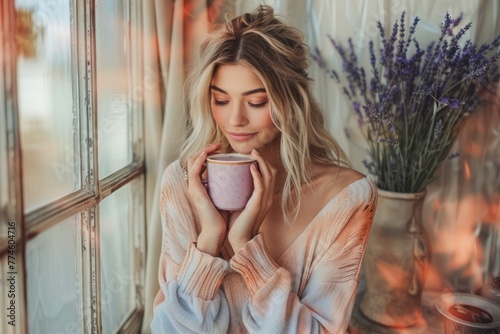 Serene Young Woman Enjoying a Warm Cup of Coffee by the Window in Soft Morning Light