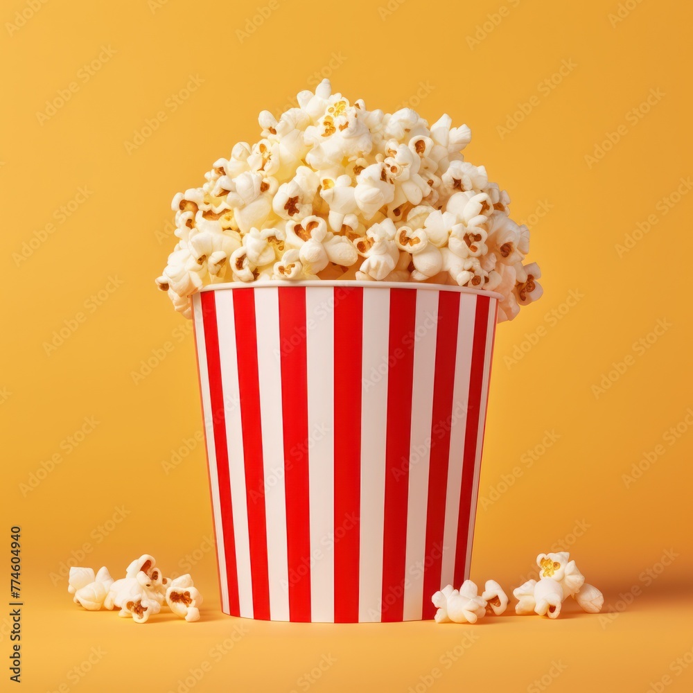 Popcorn in red and white striped cardboard bucket. Popcorn in a striped tub. Cinema style