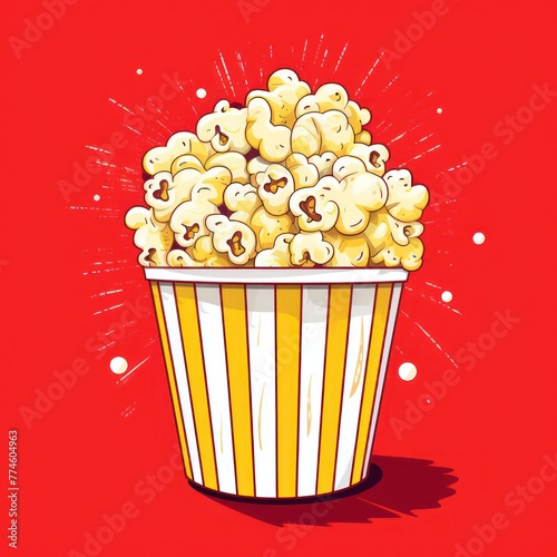 Popcorn in red and white striped cardboard bucket. Popcorn in a striped tub. Cinema style