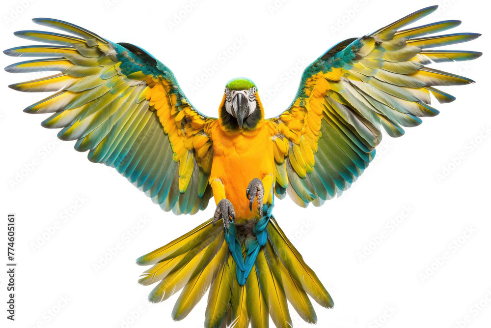 A vibrant parrot with its wings spread wide, isolated on a white background