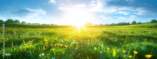 Panoramic green field against blue sky with sun, a blurred spring-summer background. Made with generative AI technology.
