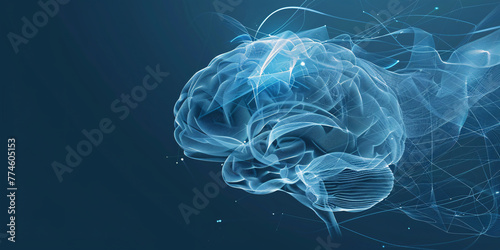 An image showcasing the digital augmented reality of artificial intelligence merging with the human brain, characterized by dynamic energy and streamlined design in light sky-blue and dark navy hues. photo