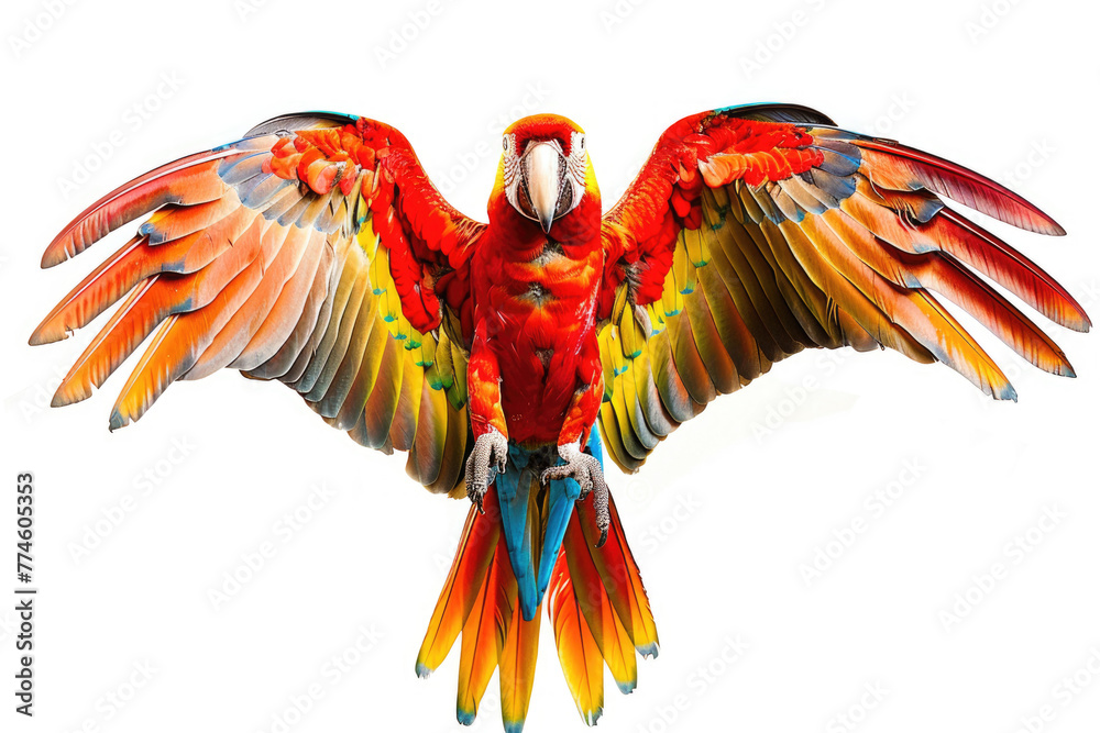 Obraz premium A vibrant parrot with its wings spread wide, isolated on a white background