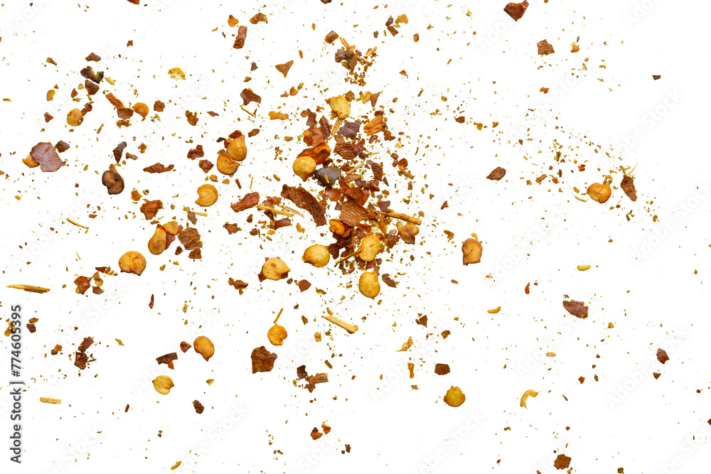 dried red chili pepper flakes and seeds isolated on white background dried red chili pepper flakes and seeds isolated on white background