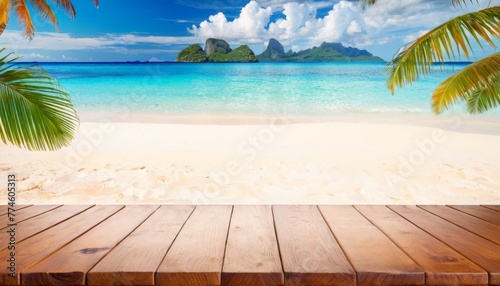 Empty wooden table with tropical beach of summer background  Free space for product display.