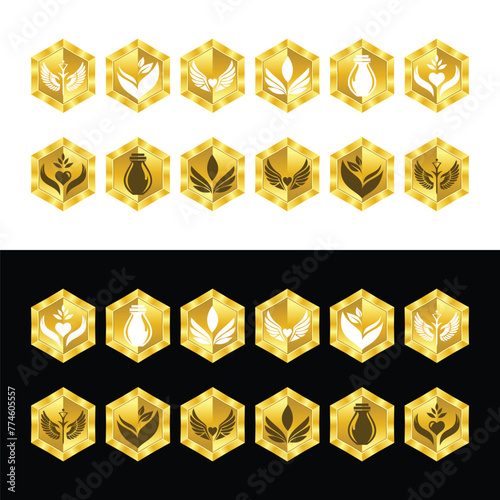 VECTOR BADGES SET OF HEALTHY ON GOLD ISOLATED ON WHITE AND BLACK photo