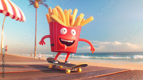Smiling French Fries Cartoon Skateboarding on Beach
