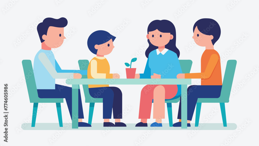 A family sitting around a table in discussion illustrating the collaborative approach to decision making in family relationships.