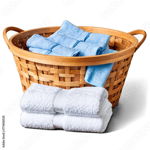 A wooden table displaying a basket filled with freshly laundered towels, set against a transparent background
