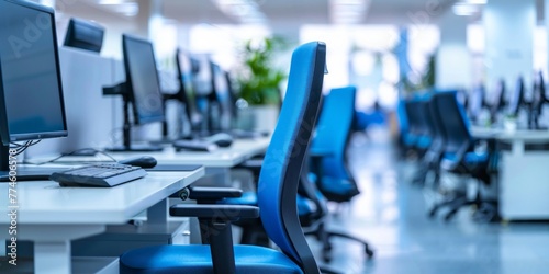 A row of computer monitors sitting on top of a desk in an empty office setting