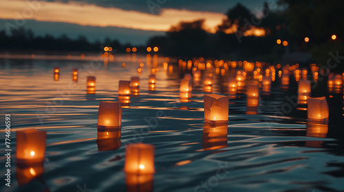 A photo of floating lanterns, creating an enchanting and magical atmosphere over the water during twilight