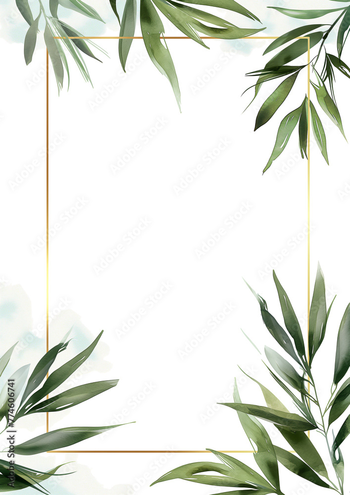 brass frame with colorful bamboo leaves , blank background, vector illustration, simple watercolor clipart