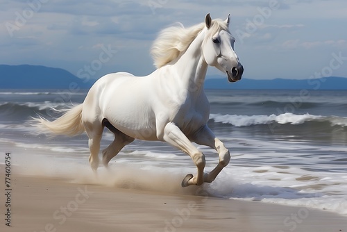 White horse galloping on the beach in the wind