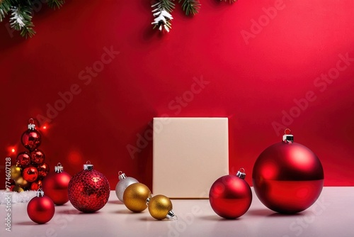 Product packaging mockup photo of Christmas balls, studio advertising photoshoot