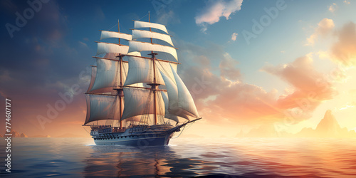 Sailboat sailing ocean sunset birds flying adventure captain crew see dreamlike background 