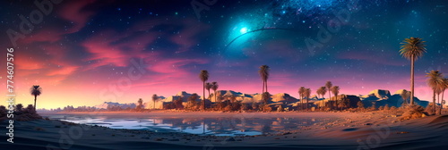 Sandy desert under a starry sky with sporadic palm trees under a bright starry sky. Generative AI