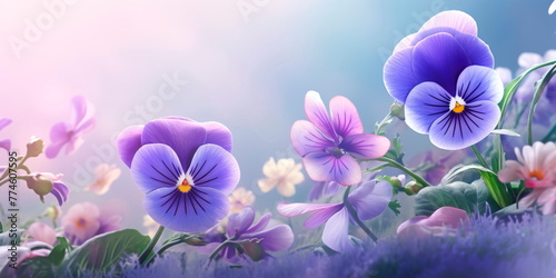 Flowers and leaves gradients delicate floral background with pansies. Generative Ai