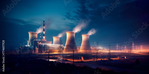 Nuclear Power Plant at Night illuminated at night, with lights on the structures and cooling towers. Generative AI