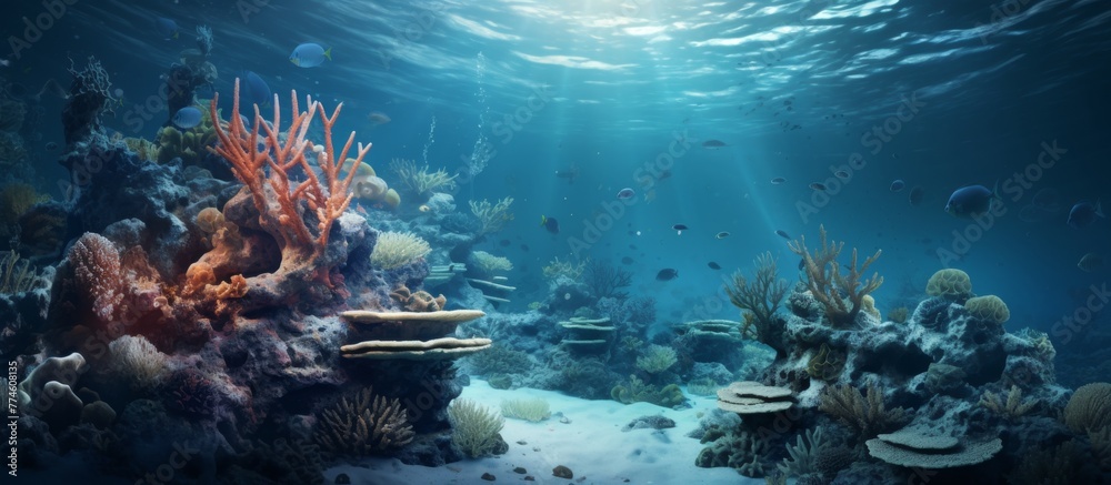 Colorful underwater scene featuring a diverse coral reef with various types of soft corals and sponges thriving in their natural habitat - obrazy, fototapety, plakaty 