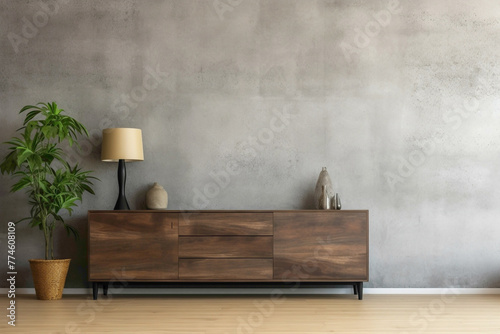 Wooden cabinet, dresser, and mock-up poster frame add character to contemporary living room with textured concrete wall.