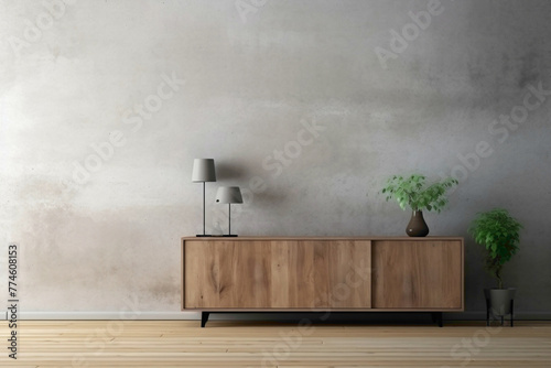 Wooden cabinet, dresser, and mock-up poster frame add character to contemporary living room with textured concrete wall.
