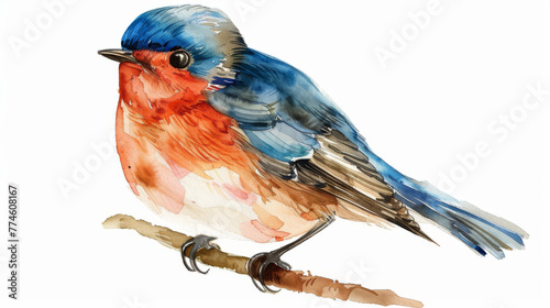 A blue and red bird is perched on a branch. The bird is small and has a blue head