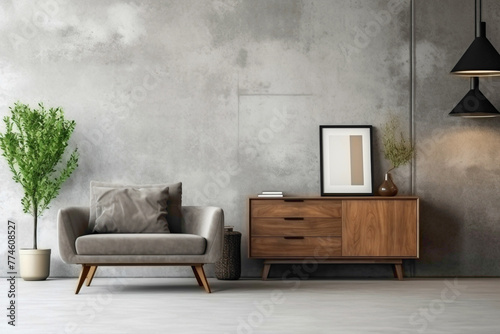 Wooden cabinet, dresser, and mock-up poster frame add character to contemporary living room with textured concrete wall.