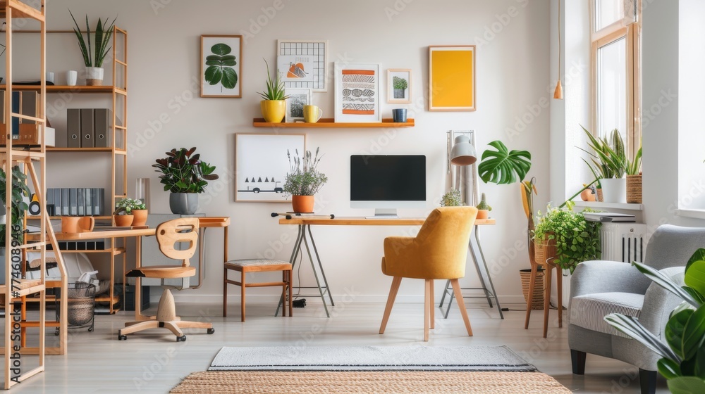 A vibrant home office bursting with indoor plants, featuring a stylish mustard yellow chair and wooden furniture against a backdrop of lively wall art.