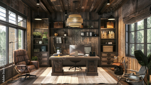 A cozy, rustic home office ...