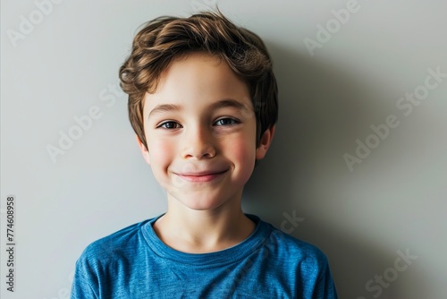 Portrait of a cute little boy smiling at the camera on a gray background © Iigo