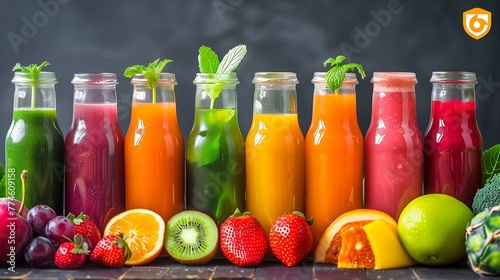 colorful fresh fruit and vegetable smoothies or juice in bottle