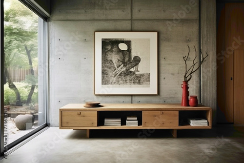 Wooden cabinet and dresser contrasted with raw concrete, empty poster frame.