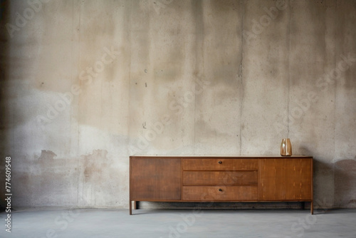 Wooden cabinet and dresser against raw concrete backdrop, awaiting artwork.