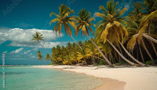 Tropical beach in Punta Cana, Dominican Republic. Palm trees on sandy island in the ocean.