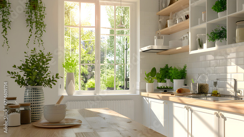 A kitchen with a window and a shelf with plants. The kitchen is bright and clean, with a wooden table and a vase of flowers on it
