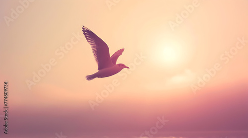 A seagull is flying in the sky above a body of water. The sky is a mix of pink and blue  creating a serene and peaceful atmosphere