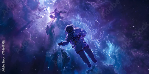 A man in a spacesuit is floating in space. The image has a dreamy, otherworldly feel to it photo